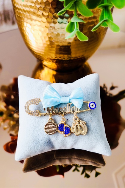 Blue Polka Dot Bow Mashallah Written Baby Lapel Pin - Tybezyi1734