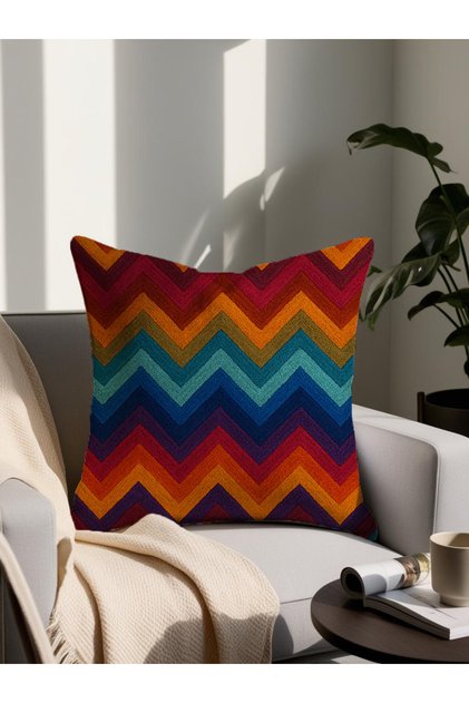 Chevron Patterned Pillow for Modern Style with Punch Embroidery Pattern Digital Printing - Digital Printed 43X43 cm