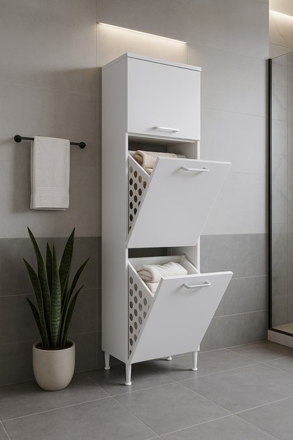 Furniture Çamaşır Sepetli Banyo Dolabı 2 Sepetli Çok Amaçlı Dolap Beyaz