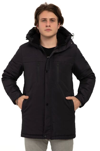 Erkek Lacivert Içi Polarlı Kürklü Su Ve Rüzgar Geçirmez Kapüşonlu Kışlık Mont & Kaban & Parka