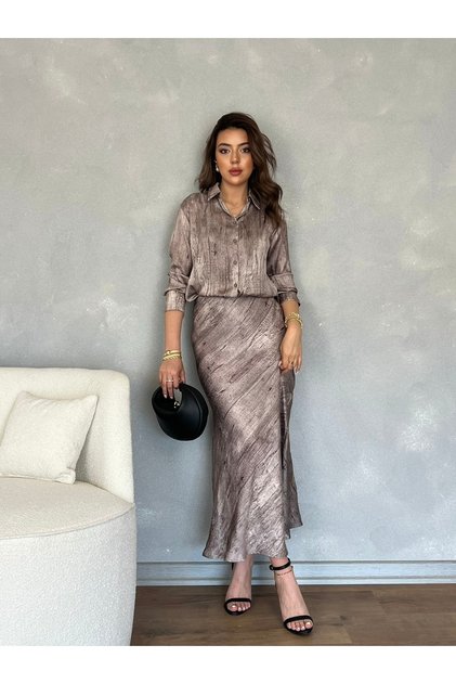 Ruffled Bias Patterned Satin Women's Long Skirt