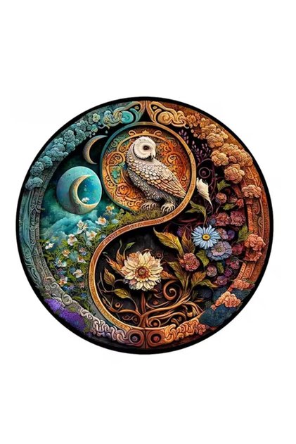 Puzzle rotund, din lemn, pentru adulti, relaxare, antistres, bufnita, albastru, 140 piese, A3