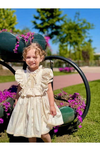Defne Cream Vintage Baby Girl Dress, Birthday Dress, Photo Shoot Dress, Suitable for 0-7 years