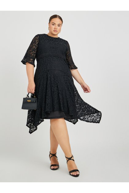 Plus Size Lace High Neck Asymmetric Hem A-Line Midi Dress