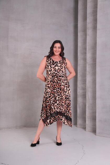 Women's Plus Size Sleeveless Mesh Detail Leopard Print Black-Brown Dress