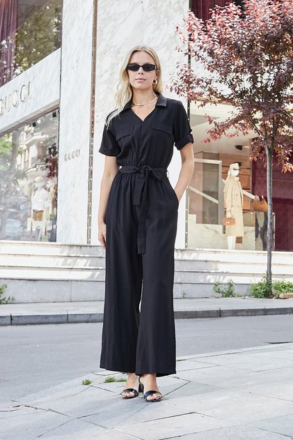 Women's Silky Modal Fabric Collar Pocket Flap Front Zipper Elastic Waist Short Sleeve Loose Leg Jumpsuit-Siya