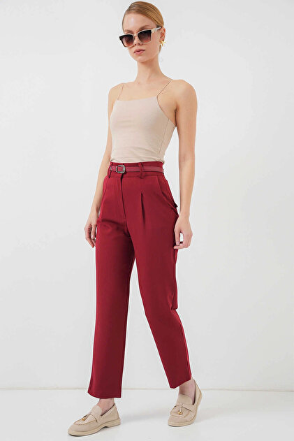 Women's Burgundy High Waist Belted Fabric Trousers Hzl25S-Bd167251