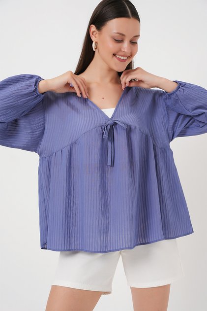Women's Front Lace-Up Long Sleeve Blouse 946 - Indigo