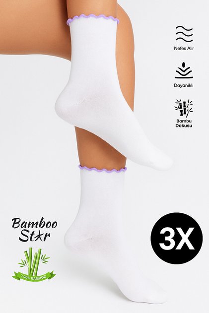 Bamboo Women's Lilac Frilly Elastic Seamless Women's Socket 3-Piece White Socks/Does Not Leave Marks/Does Not Squeeze Socks