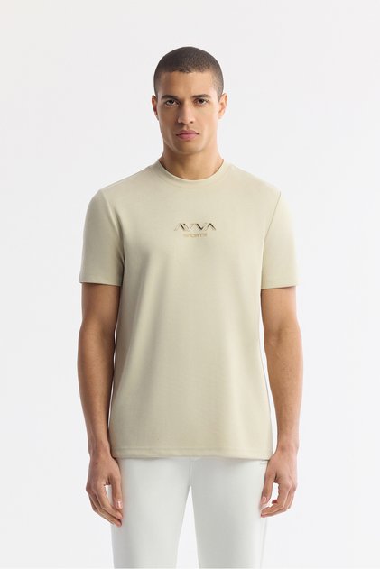 Pánske béžové tričko s potlačou a výstrihom do V, bi-stretch interlock, regular fit A51Y1006