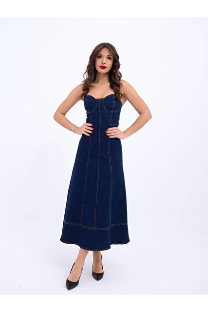 kendim fashion 7090 Denim Dress-Blue- Trendyol