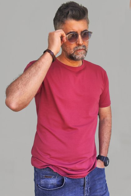 Ανδρικό μπλουζάκι μπορντό Slim Fit Crew Neck Cotton Elastane Basic