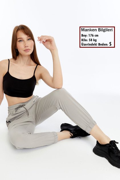 Women's Gray Loose Fit Summer Jogger Sweatpants with Elastic Legs, Parachute Fabric Trousers, Hidden Zipper Pocket