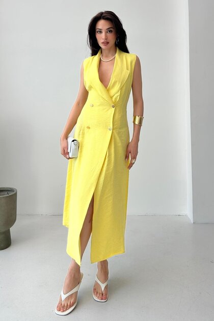 Yellow Double-Breasted Buttoned Collar Slit Tencel Dress