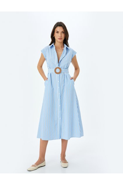 Belt detail pocketed striped sleeveless long shirt dress.
