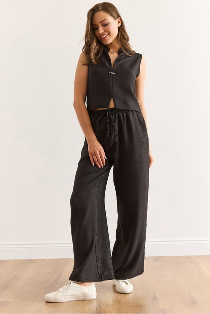 Women's Black Bottom Top Linen Look Suit Tkm-19000395
