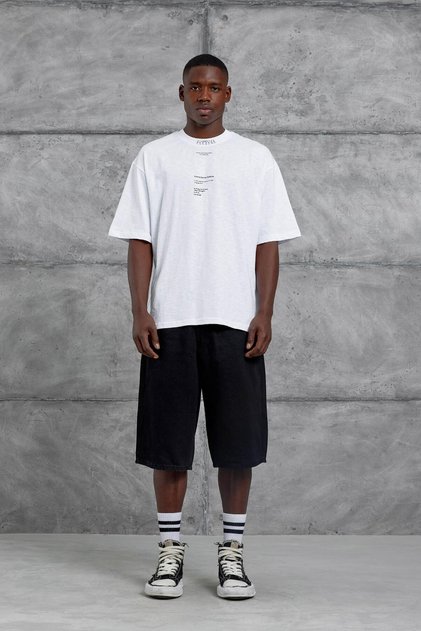 Men's T-Shirt with Numbers on the Collar, White Oversize Printed Crew Neck, Thin Cotton Fabric