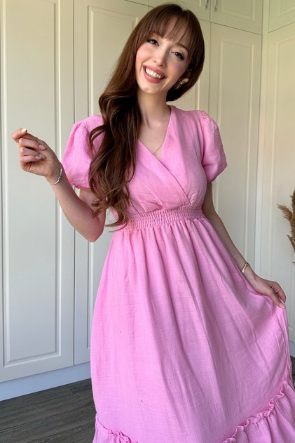 Muslin Fabric Short Sleeve Pink Midi Dress