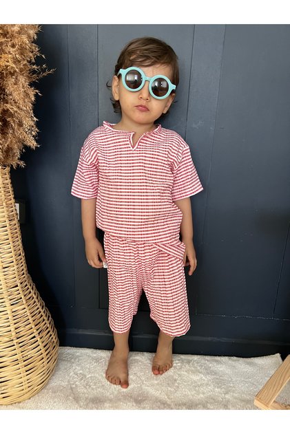 Red Baby Kids Girls Boys Unisex Seersucker Bottom Top Set Summer Bohemian