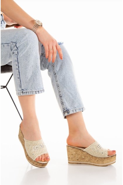 Beige Stone Wedge Sole Knitted Slippers -571