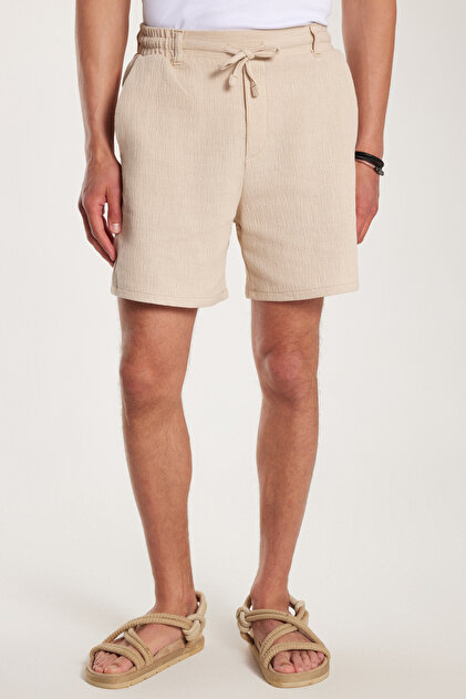 Men's Regular Relaxed Fit Dark Beige Bermuda Shorts with Elastic Waistband and Drawcord Side Pockets