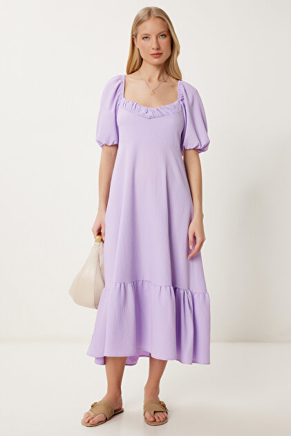 knitted summer dress flounced Happiness İstanbul Women's Lilac Crinkle Fk00014 nursing sleepwear