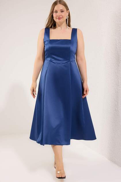 Trendyol Curve Navy Blue Satin Woven Large Size Dress- Trendyol