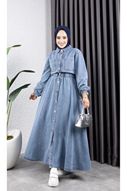 HARMAN BUTİK KADIN BELDEN LASTİKLİ CEP DETAYLI KOT ELBİSE - Fiyatı