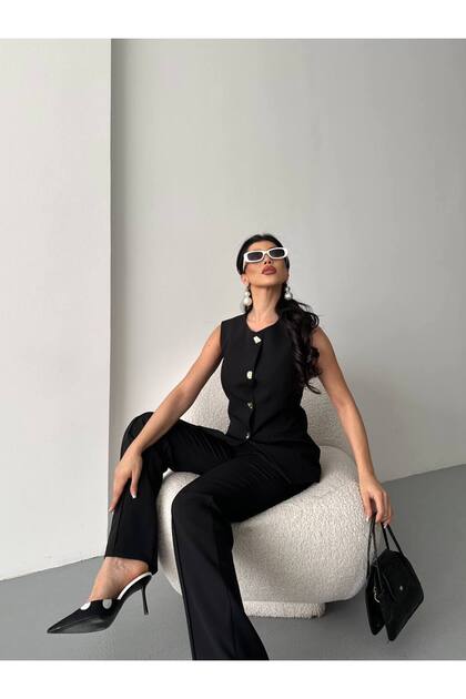 Women's Top and Bottom Set Stylish Button Detail Premium Vest Pants Two-Piece Suit