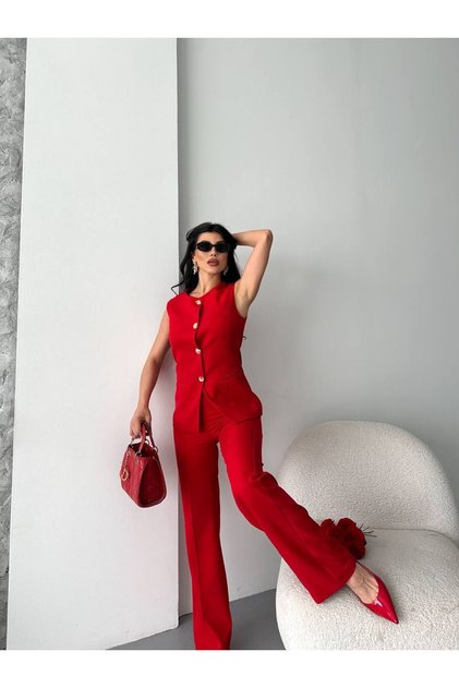 Women's Top and Bottom Set Stylish Button Detail Premium Vest Pants Two-Piece Suit