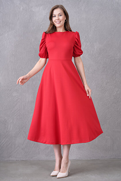 bayansepeti Stretchy Fabric Balloon Sleeve Round Neck Midi Length Flared  Cut Red Evening Dress Homecoming Dress 092- Trendyol