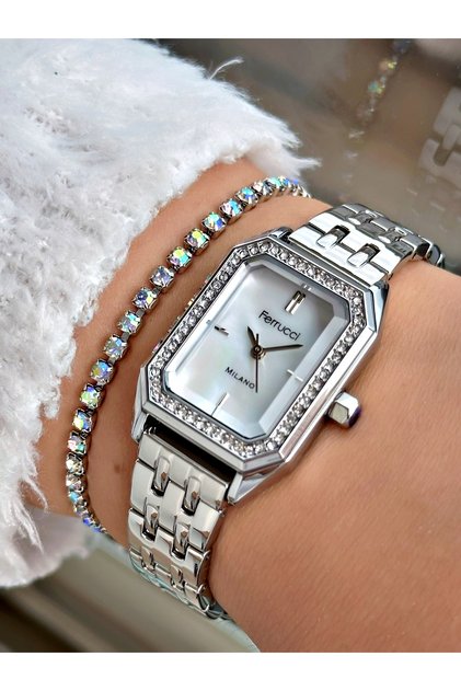 Ferrucci̇ Square Stone Silver Metal Woman Wristwatch