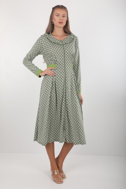 Green Floral Pattern Zipper Long Sleeve Women Dress