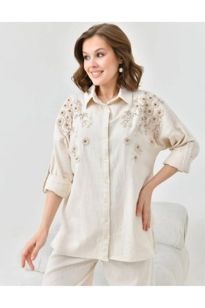 Women's Floral Patterned Embroidery Embroidered Stone Detailed Linen Oversize Shirt and Trousers
