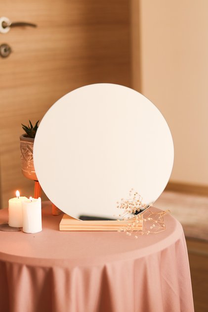 Yuvarlak Estetik Asimetrik Ahşap Makyaj Aynası Çerçevesiz, Dekoratif Masa Oturma Odası 30 Cm