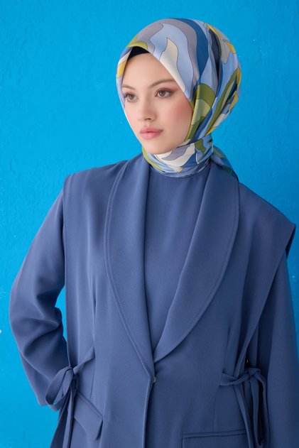 Saf Ipek Eşarp 4108d02( Twill Ipek) -8691 90 X 90 Gri - Mavi