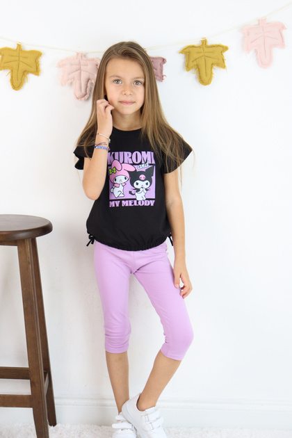 Girl's Suit Kuromi Printed Black T-Shirt 2-Piece Leggings Suit Summer Casual Combination 3-7 Years Old