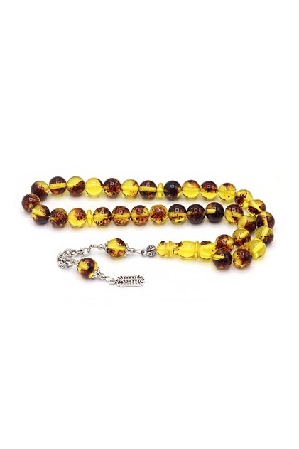 Yellow Black Fossil Alpaca Tasseled Sphere Cut Powder Amber Prayer Beads 201024093
