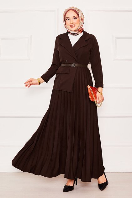Pleated Hijab Dress with Jacket Detail - Brown