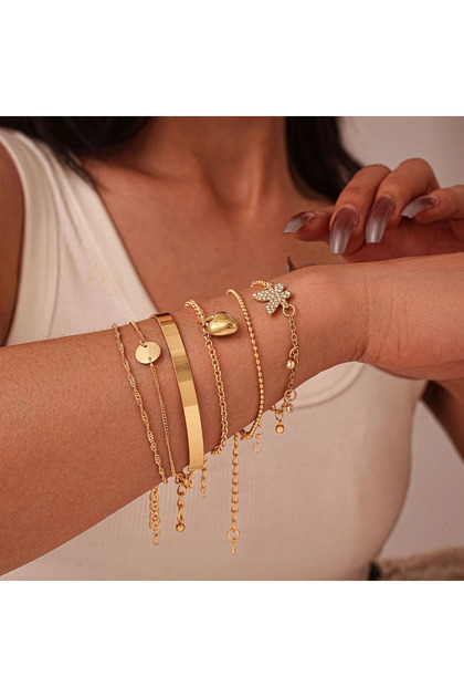 Elva 6 Adet Zincir Kalp Detaylı Gold Bileklik