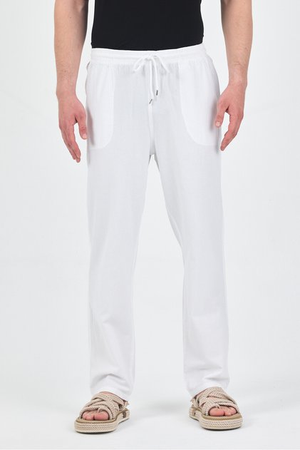 Men's White Elastic Waist 100% Cotton Trousers