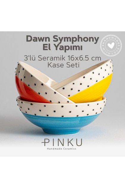 Dawn Symphony El Yapımı Seramik 3'lü Kase Seti - 16x6.5 Cm (GRANOLA, SALATA, MAKARNA IÇİN IDEAL)