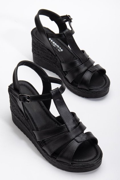 Women's Wedge Heel Sandals Shoes Black 3-Striped Hard Hat
