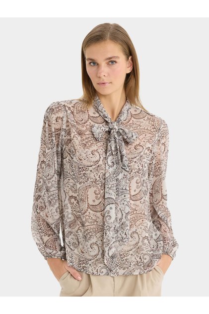 Regular Fit Bow Collar Shawl Patterned Chiffon Long Sleeve Shirt