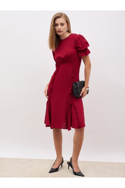 Solid Round Neck A-Line Midi Dress with Ruffled Detail