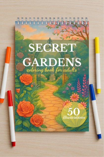 Secret Gardens, Carte de Colorat pentru Adulti, Relaxare, Antistres, 50 Ilustratii Diferite, A5