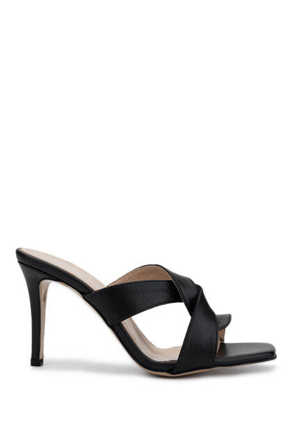 Women's Genuine Leather Black Leather Heeled Slippers