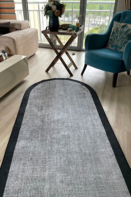 Hevia Home Yıkanabilir Kaymaz Taban Hasır Görünümlü Gri Siyah
