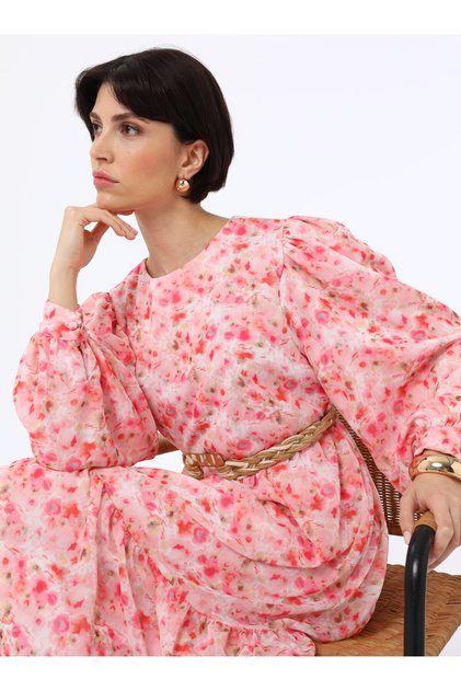 Chiffon Fabric Balloon Sleeve Floral Patterned Hijab Dress - Pink Floral Pattern -
