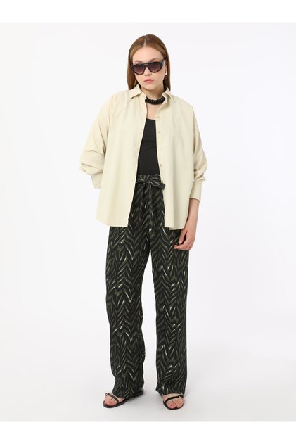 Green Patterned Plus Size Trousers with Drawstring Waist - Black -